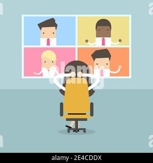Businesswoman with video conference business meeting. Online virtual meetings, Work from Home. Stock Vector