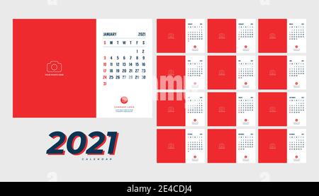 Year 2021 monthly desk calendar. Week starts Sunday. Calendar 2021 template. Calendar planning week. Stock Vector