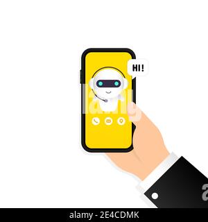Chatbot in smartphone illustration. Hi message. Online assistant bot landing page template. Dialog. Technical support. For web page. Vector on isolate Stock Vector