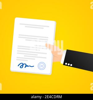 Business man hand holds contract vector illustration. Signed contractual document, legal document symbol with stamp. Stock Vector