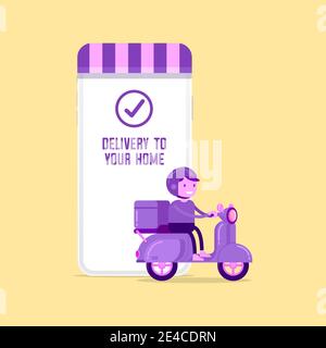 Delivery man riding a scooter out of the phone. Fast food delivery app on a smartphone with delivery man on a scooter. Stock Vector
