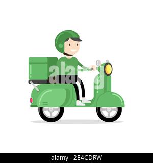 Food delivery man riding a green scooter. Man courier riding scooter with parcel box fast delivery concept. Stock Vector
