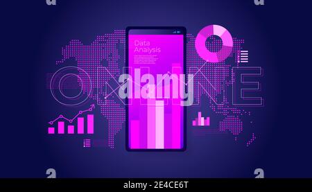 Online data analysis on smartphone with line chart and graphs. Stock Vector