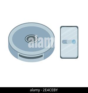 Robotic vacuum cleaner round shape with smartphone isolated on white background. Household equipment for cleaning. Technology concept. . Vector illust Stock Vector