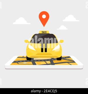 Taxi on giant smartphone with city map on screen. Taxi with location pin on road online ordering. Stock Vector