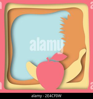 illustration vector paper cut layers of apple banana and pineapple with shadow on blue background Stock Vector