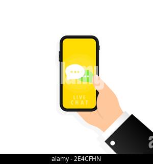 Live chat in phone. Message icon in flat design in smartphone. Communication. Conversation sign. Vector on isolated white background. EPS 10 Stock Vector