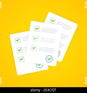 Survey or exam form paper sheets pile with answer checklist quiz and evaluation of success results. Education test idea, questionnaire. Stock Vector