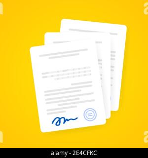 Document icon. Paper documents with signature and text, contract idea. Confirmed or approved document. Stock Vector