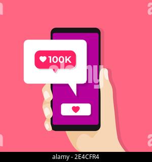 Hand holding smartphone with notification on screen. Social media notification icon. Stock Vector