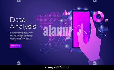 Data analysis on smartphone with line chart and graphs. Hand holds phone. Design infographic, statistics on screen banner. Stock Vector