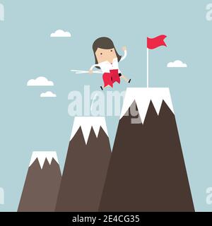 Businesswoman climbing up mountains or cliffs and moving to final destination point. Stock Vector