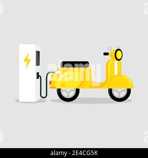 Yellow electric scooter with EV electric vehicle charging station. Stock Vector