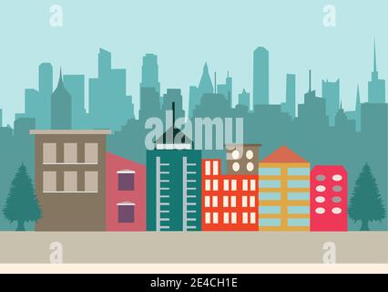 City Landscape Buildings and Architecture Silhouette Vector Background Collage Set. Illustration in Simple Geometric Flat Style Design Stock Vector