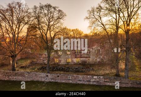 Germany, Thuringia, Ilmenau, Gehren, ruin, trees, sunrise, back light Stock Photo