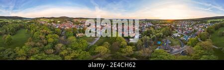 Germany, Thuringia, Ilmenau, Gehren, ruin, town, trees, sunrise, overview, aerial view, 360 ° panorama Stock Photo