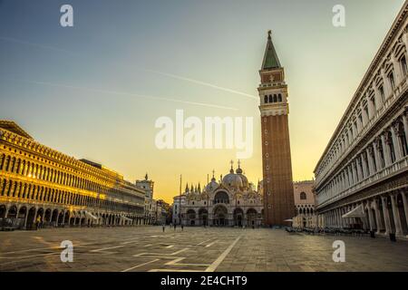 Venice during Corona times without tourists, view over St. Mark's Square to San Marco and the Campagnile Stock Photo