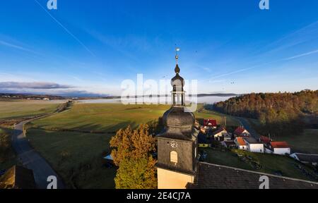 Germany, Thuringia, Allendorf, church tower, houses, fields Stock Photo