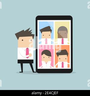 Businessman with video conference on tablet. Online virtual meetings. Stock Vector