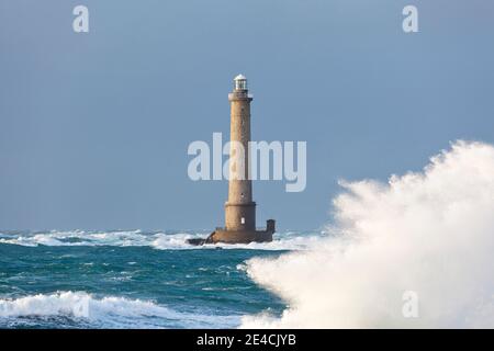 Goury lighthouse in a storm at Cap de la Hague, Auderville Stock Photo
