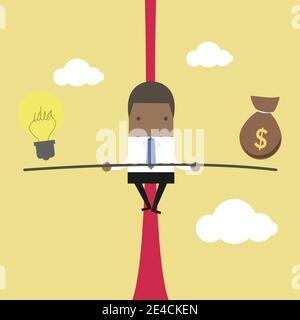 African businessman balancing on the rope with ideas and money. Stock Vector