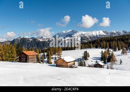 Hochabtei / Alta Badia, Bolzano Province, South Tyrol, Italy, Europe. The first snow in autumn on the Armentara meadows, in the background the Paresberg Stock Photo