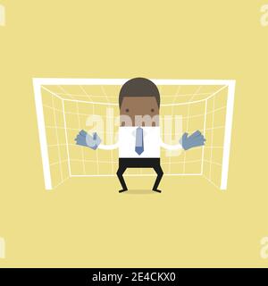 African businessman playing goalkeeper standing in front of goal. Stock Vector