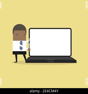 African businessman pointing to laptop display. Stock Vector