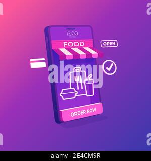 Online food shop delivery on mobile application concept. 3D Online store on mobile phone. Stock Vector