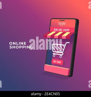 Online shopping on mobile application concept. 3D Online store on mobile phone. Stock Vector