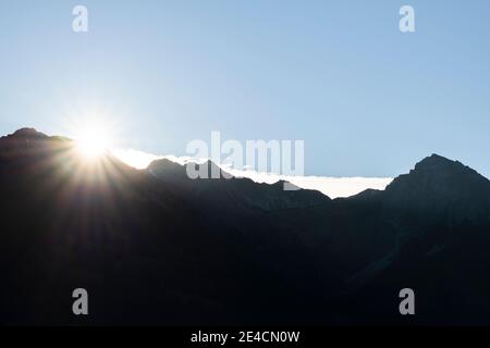 Europe, Germany, Bavaria, Allgäu, Oberallgäu, Allgäu Alps, fishing, sunrise at Nebelhorn, Hindelanger via ferrata, Rubihorn Stock Photo