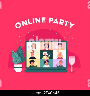 Party from home. People meeting online video conference on a computer on Christmas holiday. Christmas online party. Happy friends celebrating new year Stock Vector