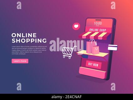 Online shopping on mobile application banner. 3D Online store on mobile phone banner template. Stock Vector
