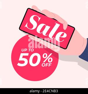 Hand holding phone with sale promotion discount 50%, Sale banner template. Stock Vector