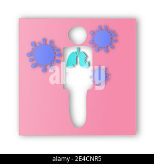 Covid-19 virus destroying human lungs in paper cut style illustration vector Stock Vector