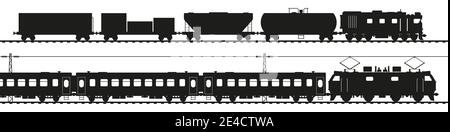 Freight train with diesel locomotive, passenger train with electric locomotive. Black silhouette isolated on white. Railway transport vector art. Stock Vector