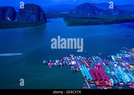 Aerial panorama view over Ko Panyi floating village in souther of Thailand. Ko Panyi is a fishing village in Phang Nga Province, Thailand, Stock Photo