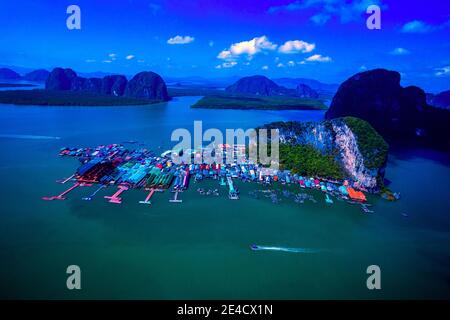 Aerial panorama view over Ko Panyi floating village in souther of Thailand. Ko Panyi is a fishing village in Phang Nga Province, Thailand, Stock Photo