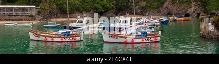 NEWQUAY, CORNWALL, UK - JUNE 10, 2009:  Panorama view of small boats moored in the harbour Stock Photo