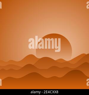 background of orange desert landscape with big sun and mountains illustration vector Stock Vector