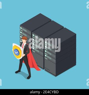 Flat 3d Isometric Super Businessman Holding Shield Protecting Data Center Server Racks. Database security and DData Protection Concept. Stock Vector