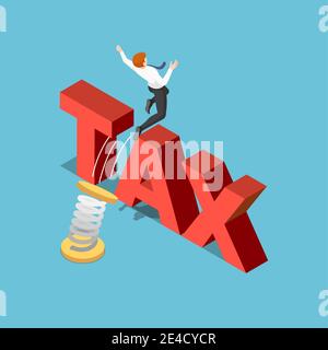Flat 3d isometric businessman use a spring to cross gap between bar ...