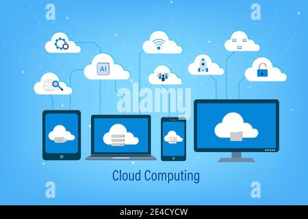 Cloud computing technology with icons and devices on blue background vector illustration Stock Vector