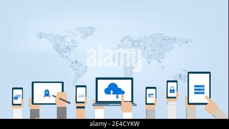 Cloud computing technology with icons on circuit world map vector illustration Stock Vector