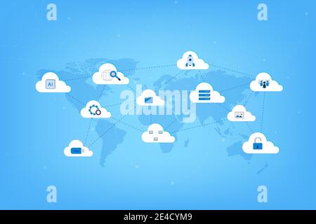 Cloud computing technology with icons on world map vector illustration Stock Vector