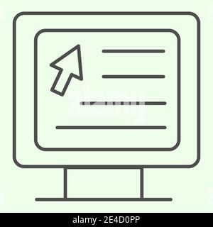 Computer thin line icon. Webpage with cursor on monitor outline style pictogram on white background. Education web site and mouse pointer on pc for Stock Vector