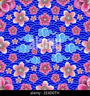 Chinese New Year. Chinese clouds, plum and peach flowers. Blue background. Seamless pattern Stock Vector
