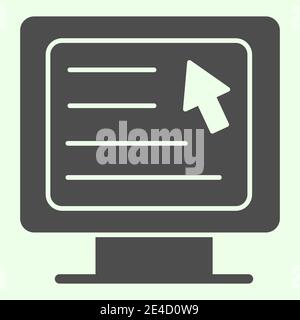 Computer solid icon. Webpage with cursor on monitor glyph style pictogram on white background. Education web site and mouse pointer on pc for mobile Stock Vector