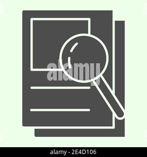 Document search solid icon. Audit Files and loupe on papers glyph style pictogram on white background. Magnifying glass over documents for mobile Stock Vector