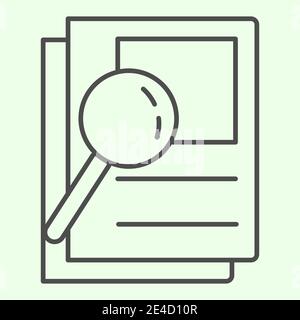 Document search thin line icon. Audit Files and loupe on papers outline style pictogram on white background. Magnifying glass over documents for Stock Vector